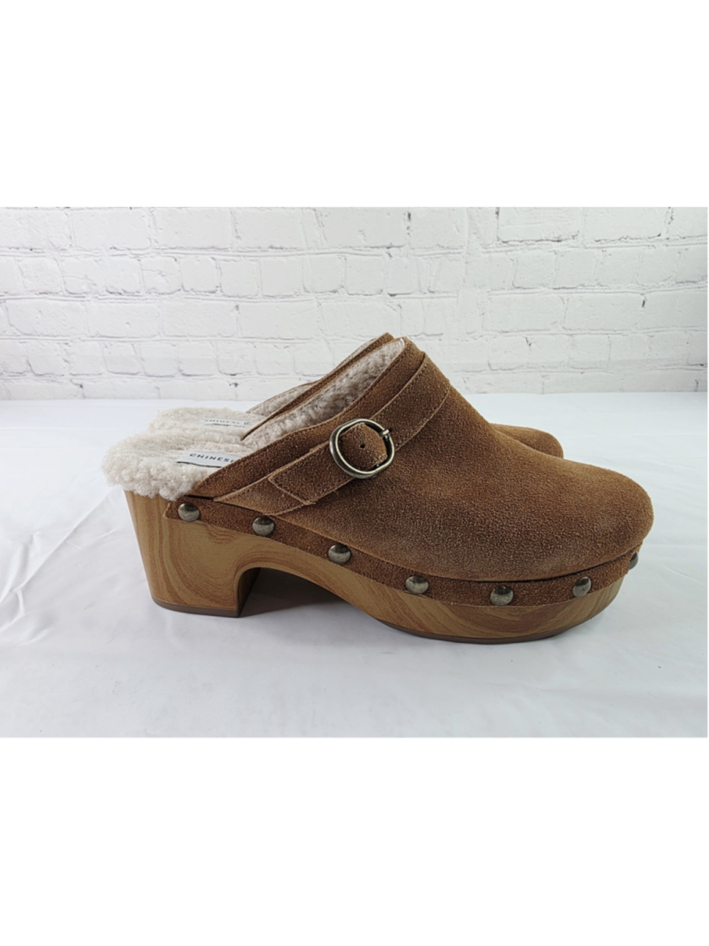 Chinese Laundry Charlie Wood Clogs Light Brown Suede Shearling Lined Size 6.5